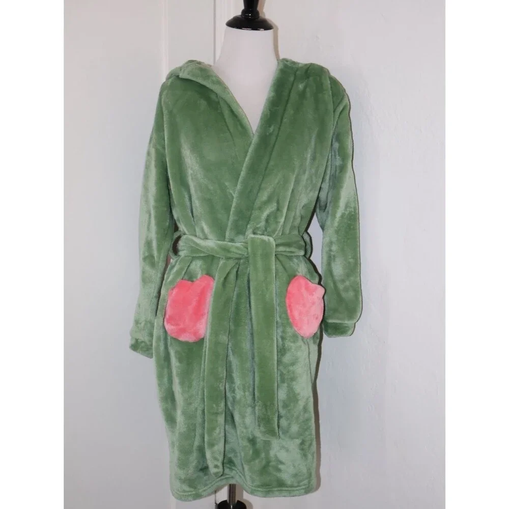 olaola women hooded plush robe – soft green dinosaur animal bathrobe